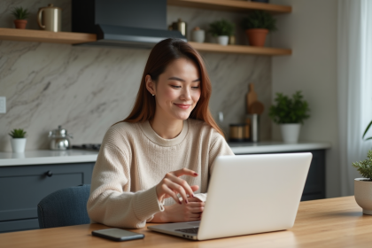 Jeune femme utilisant un ordinateur pour du cashback