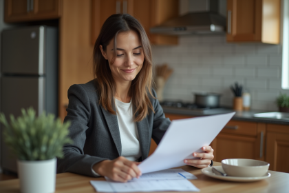 Femme en blazer assise &agrave; une table de cuisine chaleureuse