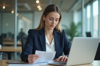 Femme professionnelle au bureau utilisant un ordinateur