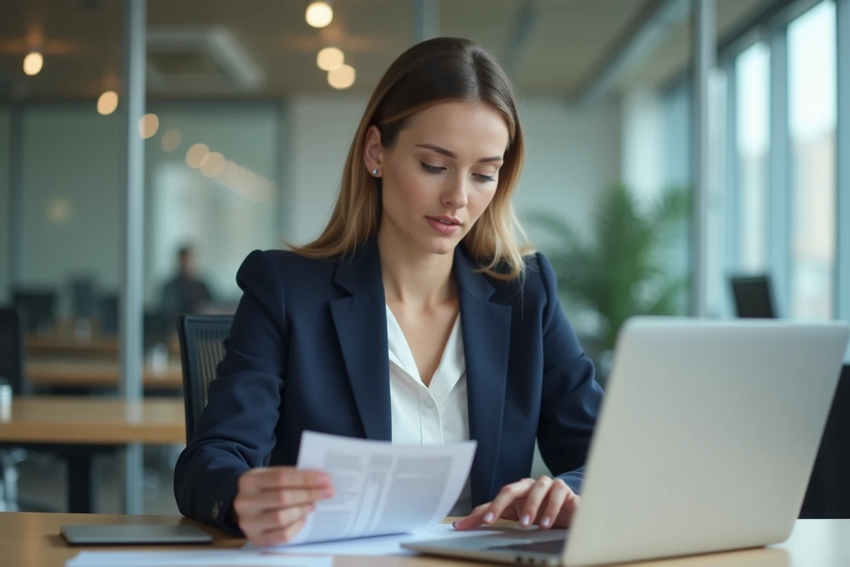 Femme professionnelle au bureau utilisant un ordinateur