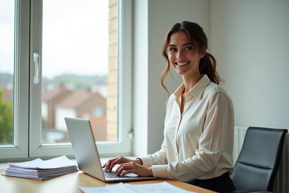 Femme souriante travaillant sur un ordinateur dans un bureau lumineux