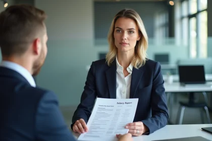 Femme confiante pr&eacute;sentant un rapport salarial au bureau