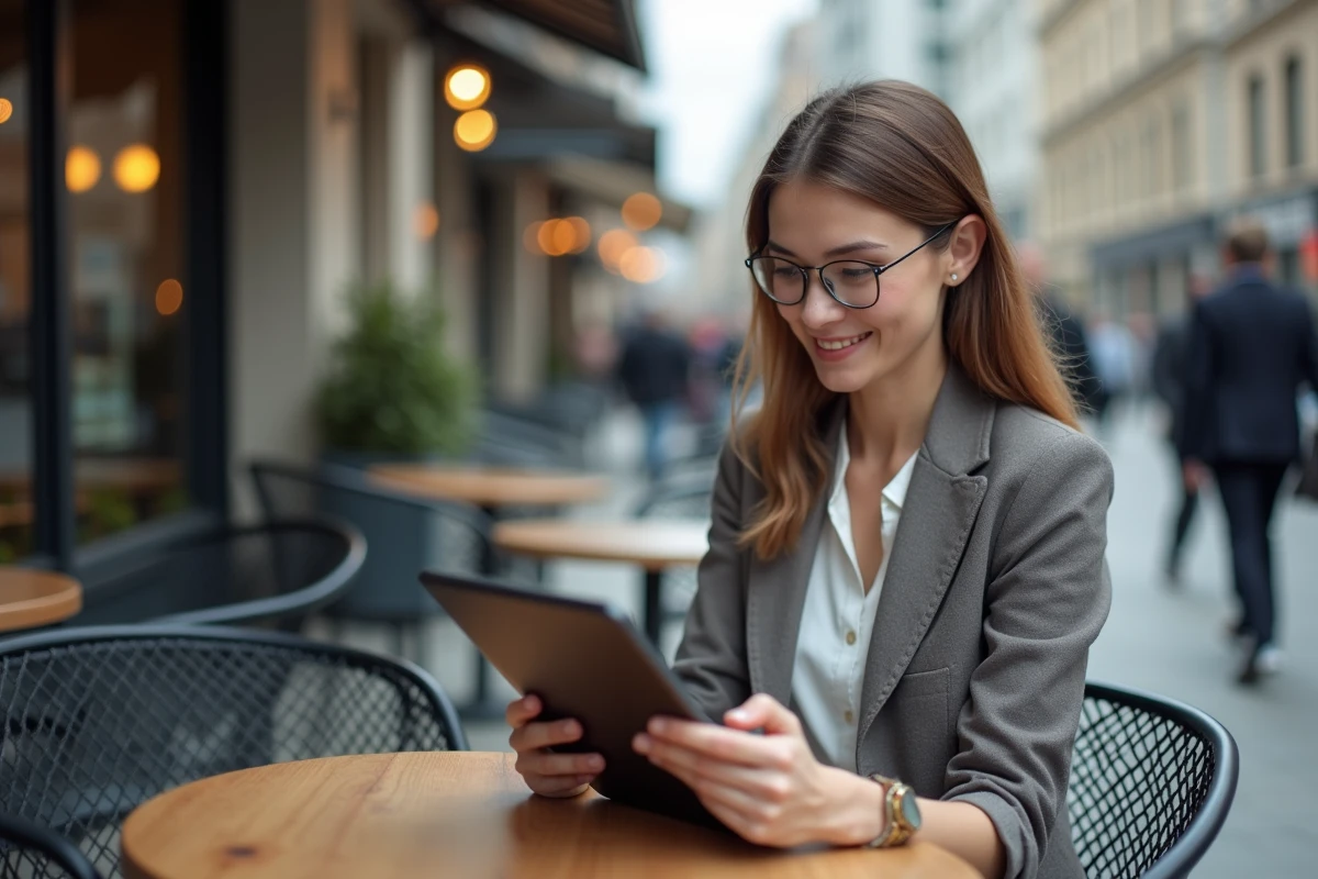 Femme d affaires analysant des graphiques dans un café en extérieur