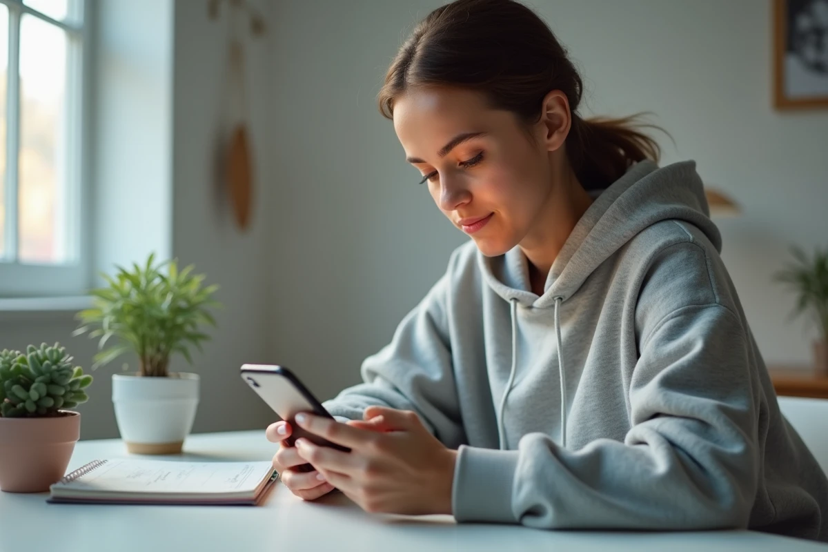 Jeune femme utilisant son smartphone pour créer une cagnotte d'anniversaire sans frais depuis chez elle