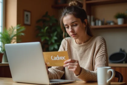Femme tenant un chèque Cadhoc devant un ordinateur portable affichant une boutique Amazon