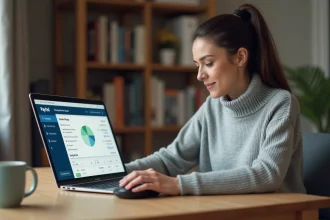Femme consultant son compte PayPal sur un ordinateur portable dans un bureau à domicile moderne