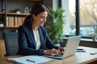 Femme professionnelle accédant à son espace bancaire Cyberplus sur un ordinateur portable au bureau à domicile