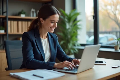 Femme professionnelle accédant à son espace bancaire Cyberplus sur un ordinateur portable au bureau à domicile