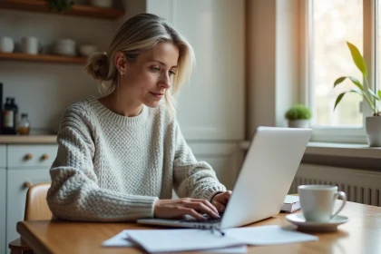 Femme consultant un site d'aide bancaire sur son ordinateur portable avant d'appeler son conseiller
