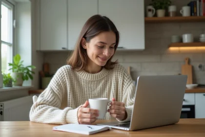 Jeune femme compare deux sites de crowdfunding &agrave; la maison