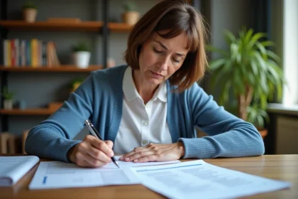 Femme concentr&eacute;e remplissant sa d&eacute;claration d'impots &agrave; la maison
