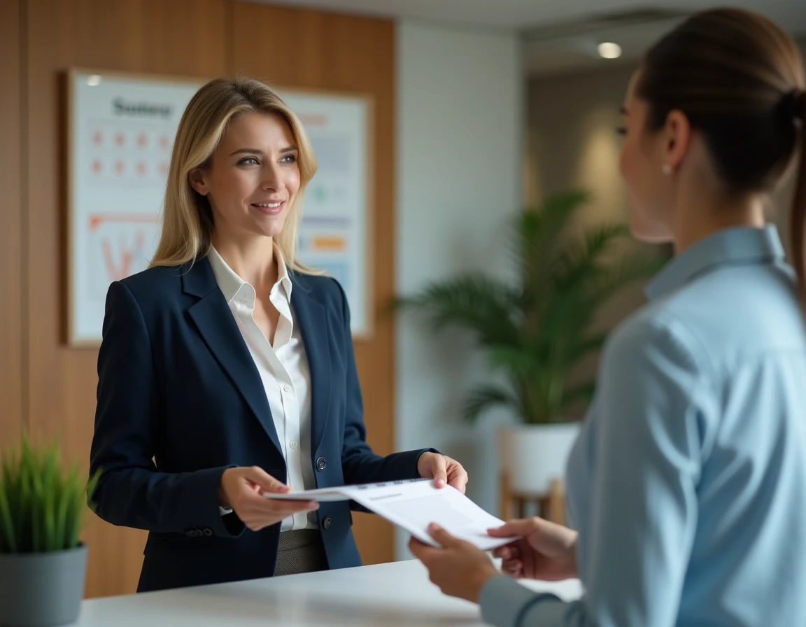 Femme remettant des documents administratifs à un service RH lors d'une démarche liée à la prime carburant après changement d'emploi