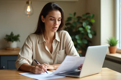 Femme consultant des documents de prêt à domicile pour choisir un organisme de crédit facile
