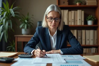 Femme examinant des documents de tutelle et des relevés financiers à son bureau à domicile, stylo en main