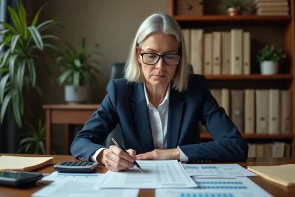 Femme examinant des documents de tutelle et des relevés financiers à son bureau à domicile, stylo en main