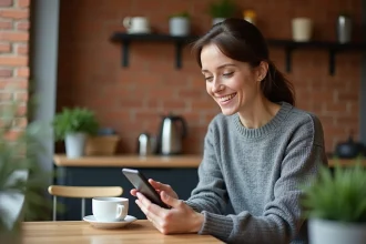 Femme utilisant l'application bancaire LCL sur son smartphone depuis son domicile