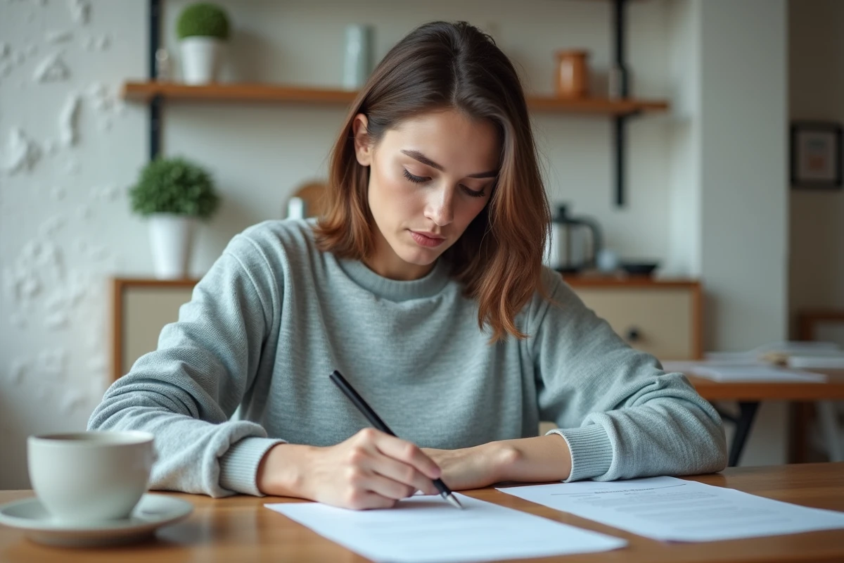 Femme étudie des documents dans une cuisine chaleureuse