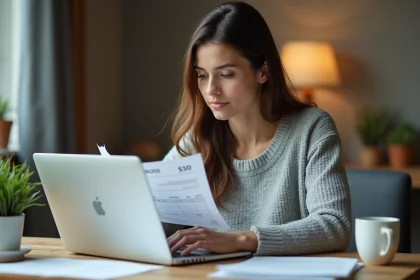 Femme consultant une facture impayée Free sur son bureau à domicile avec un ordinateur portable