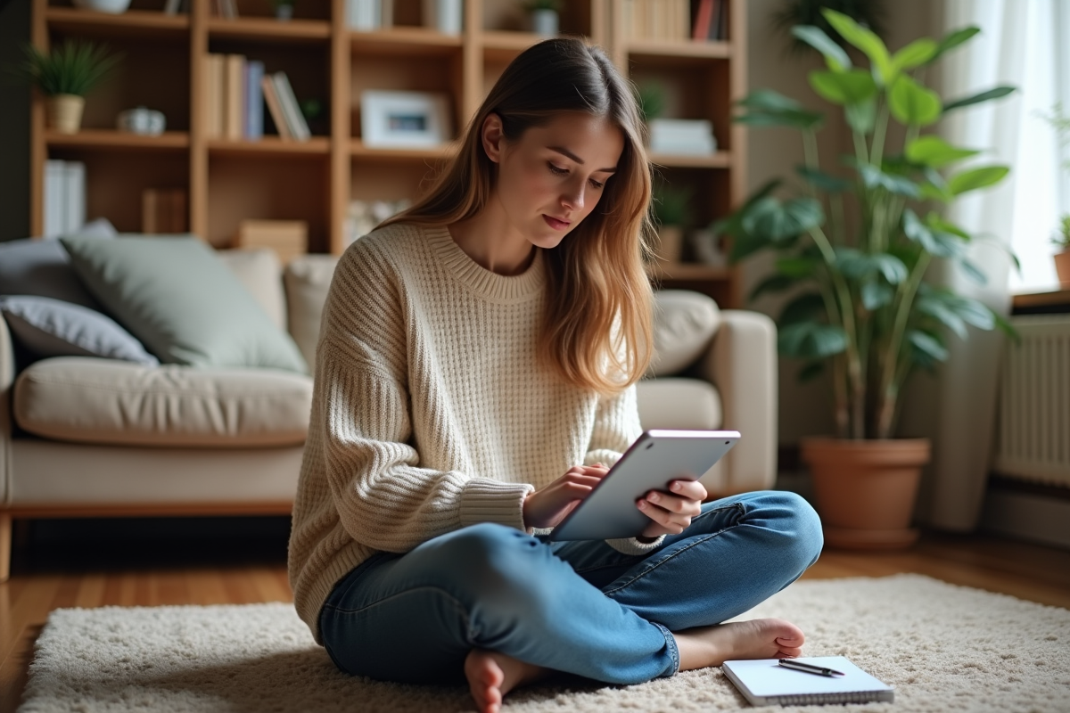Jeune femme dans un salon cosy utilisant une tablette financière