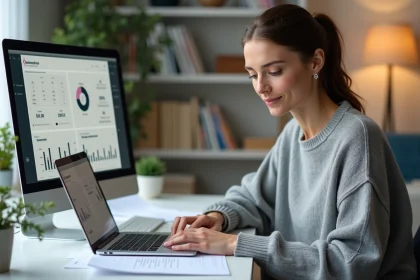Femme consultant ses documents fiscaux Trade Republic sur un bureau à domicile moderne en 2026