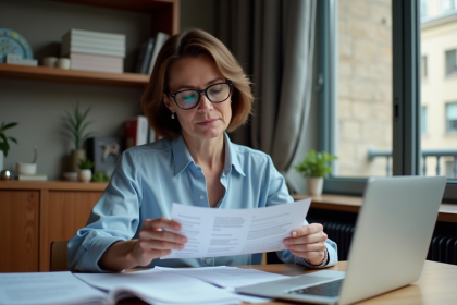 Femme fran&ccedil;aise avec papiers fiscaux dans un int&eacute;rieur parisien