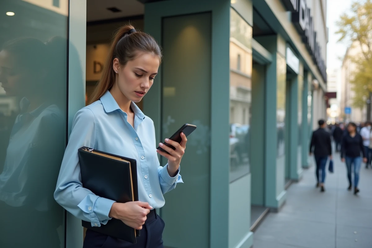 Jeune femme inquiète regardant son téléphone devant une banque