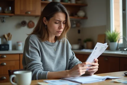 Femme inquiète consultant son relevé bancaire et son téléphone face à un découvert autorisé dépassé