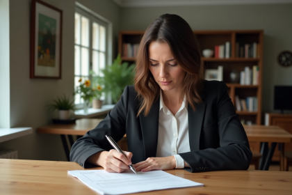Femme d'affaires lisant un formulaire de pret dans un appartement