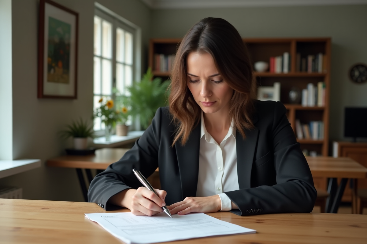Femme d'affaires lisant un formulaire de pret dans un appartement