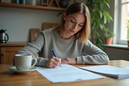 Femme rédigeant une lettre de résiliation d'assurance Matmut avec une check-list posée sur une table en bois