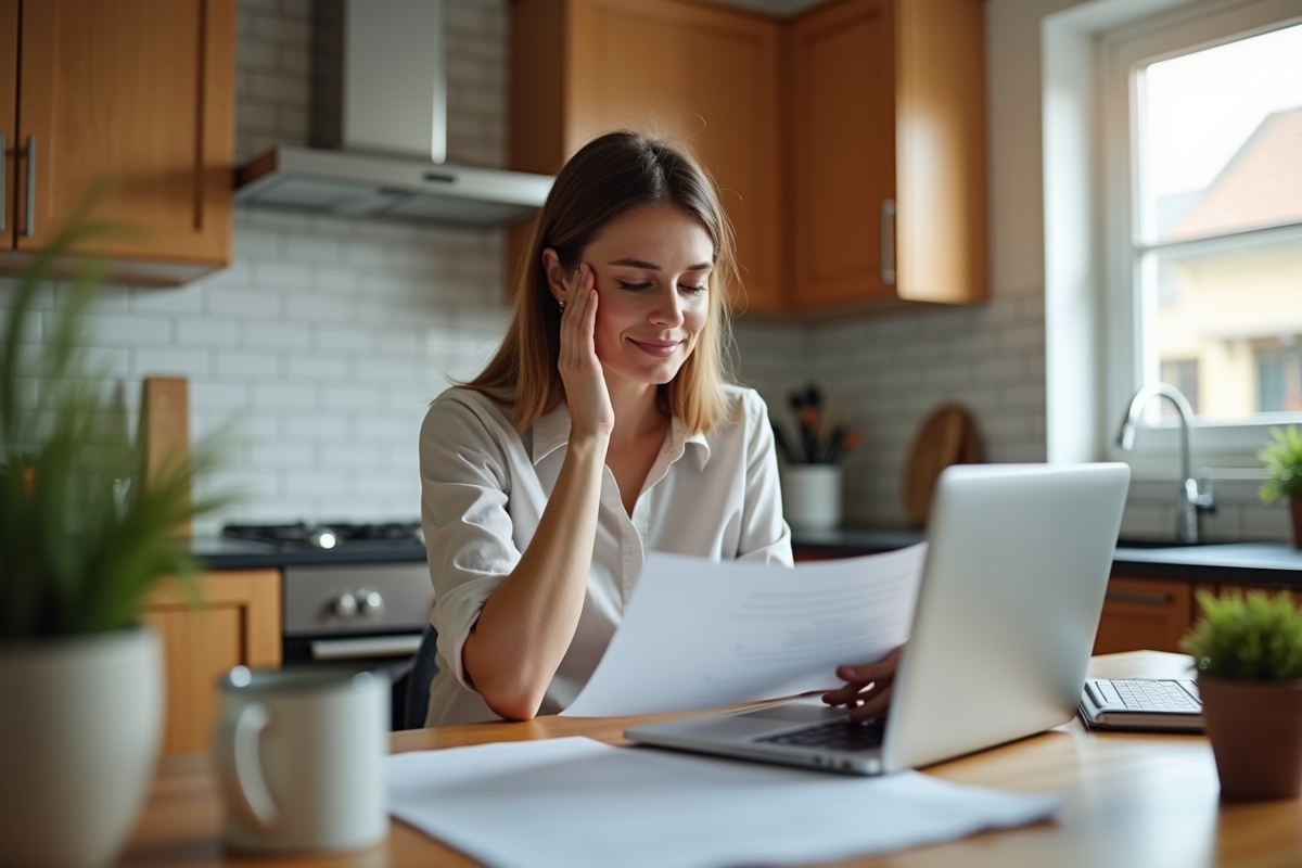 Femme relisant un document dans sa cuisine à la maison