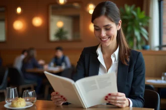 Femme souriante examinant un menu dans un bistro élégant