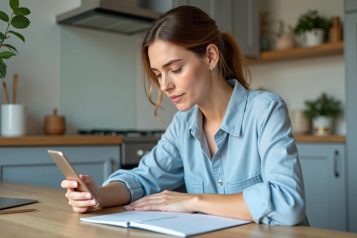 Femme utilisant son smartphone dans une cuisine lumineuse