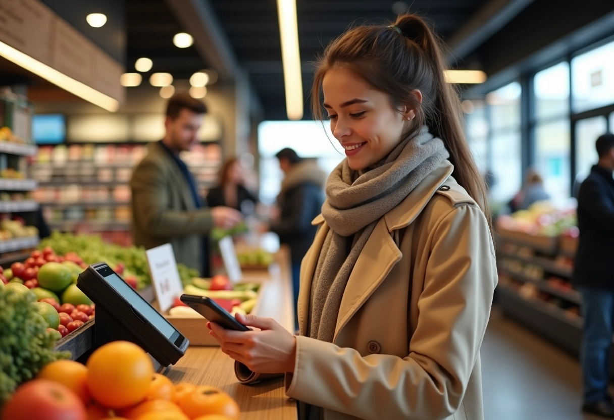 Femme payant avec son smartphone à la caisse d