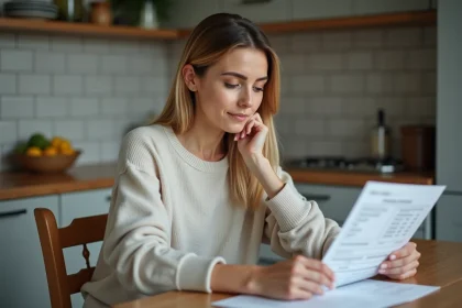 Femme examinant des papiers de CAF dans sa cuisine