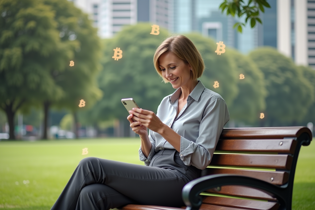 Femme assise sur un banc dans un parc urbain avec smartphone