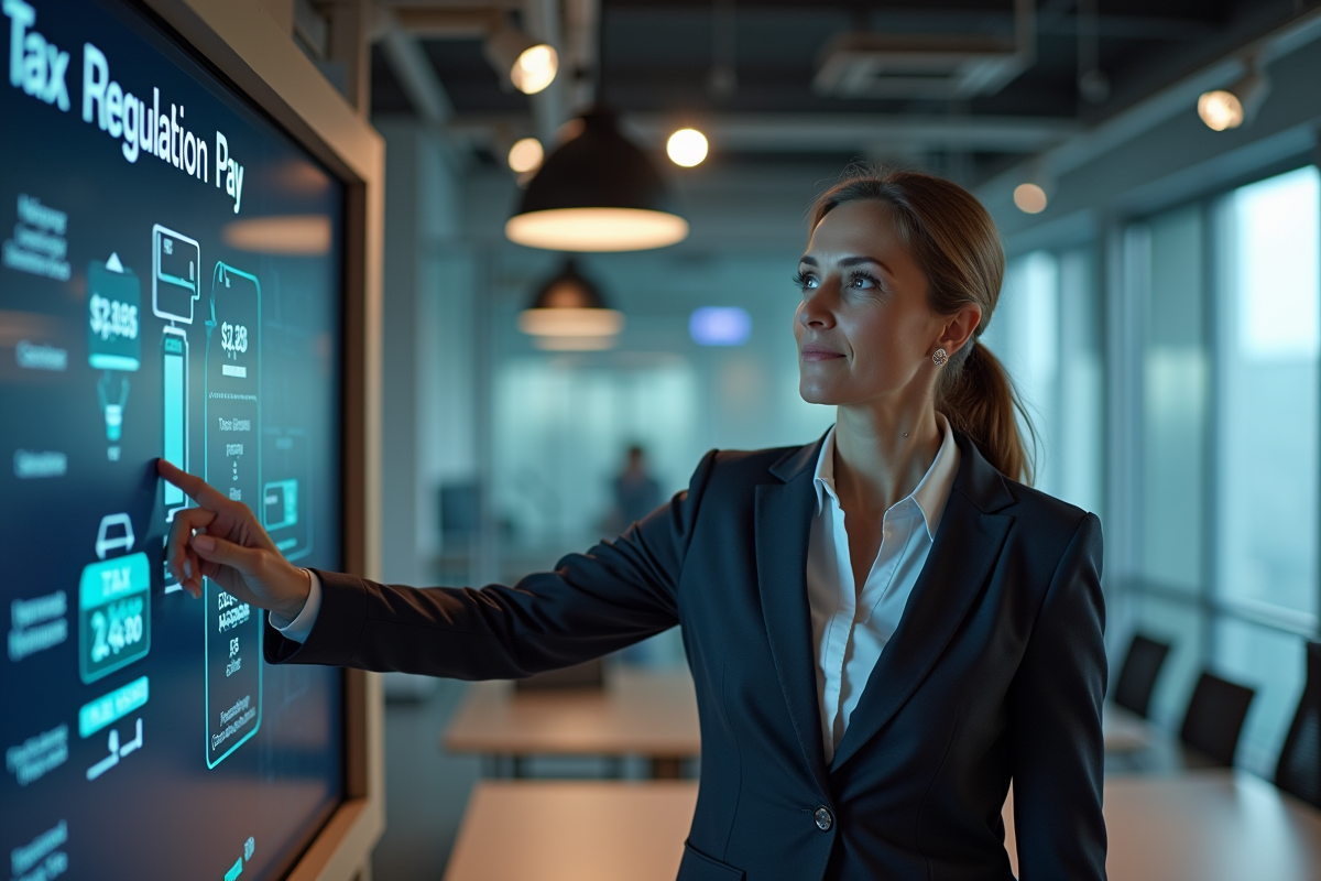 Femme professionnelle expliquant une infographie de taxes en réunion