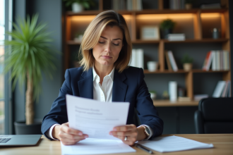 Femme en blazer examinant un document de capitalisation