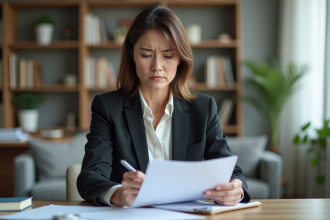 Femme professionnelle examine documents de sante et assurance