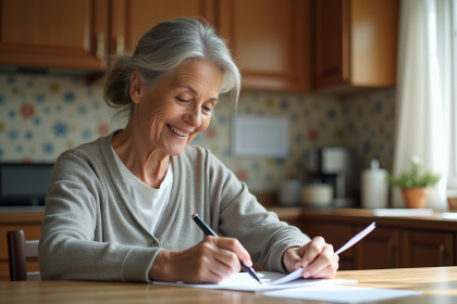 Femme senior souriante relisant des papiers à la maison