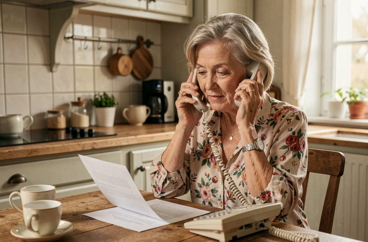 Femme senior contactant un conseiller de La Banque Postale par téléphone dans sa cuisine