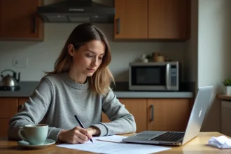 Femme seule calculant ses droits au RSA avec des documents officiels et un ordinateur portable sur une table de cuisine