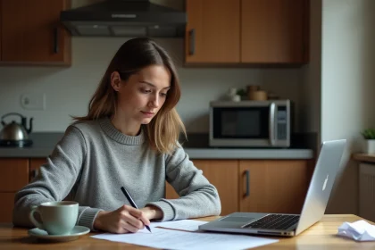 Femme seule calculant ses droits au RSA avec des documents officiels et un ordinateur portable sur une table de cuisine