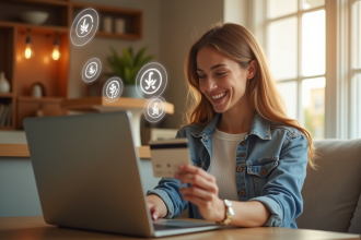 Jeune femme faisant du shopping en ligne avec sa carte