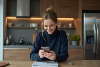 Femme utilisant son smartphone pour la banque à la maison