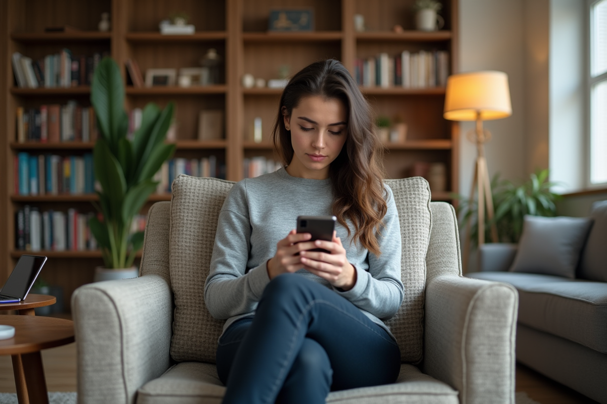 Jeune femme utilisant un smartphone dans un salon cosy