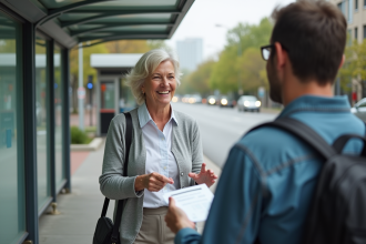 Femme souriante dans le bus en ville avec conducteur