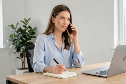 Femme au téléphone avec un conseiller de La Banque Postale depuis son bureau à domicile