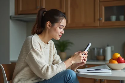 Jeune femme regardant son smartphone dans la cuisine