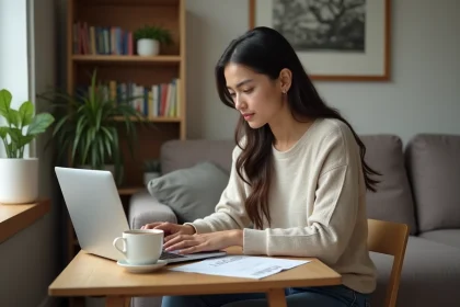 Jeune femme travaillant &agrave; la maison avec ordinateur et caf&eacute;